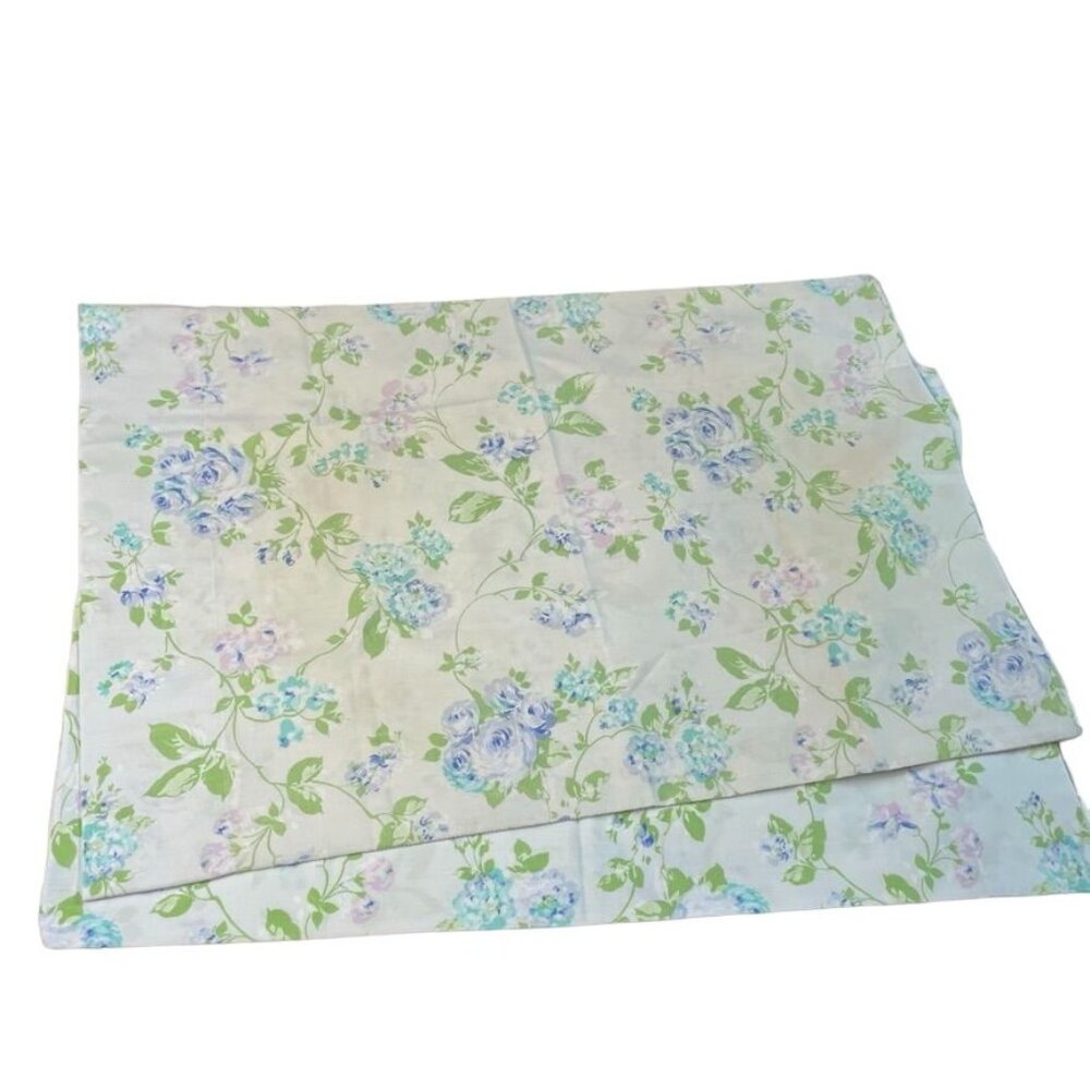 Set of 2 Vintage Pequot Standard Pillowcases u Floral No Iron Percale Blue Green